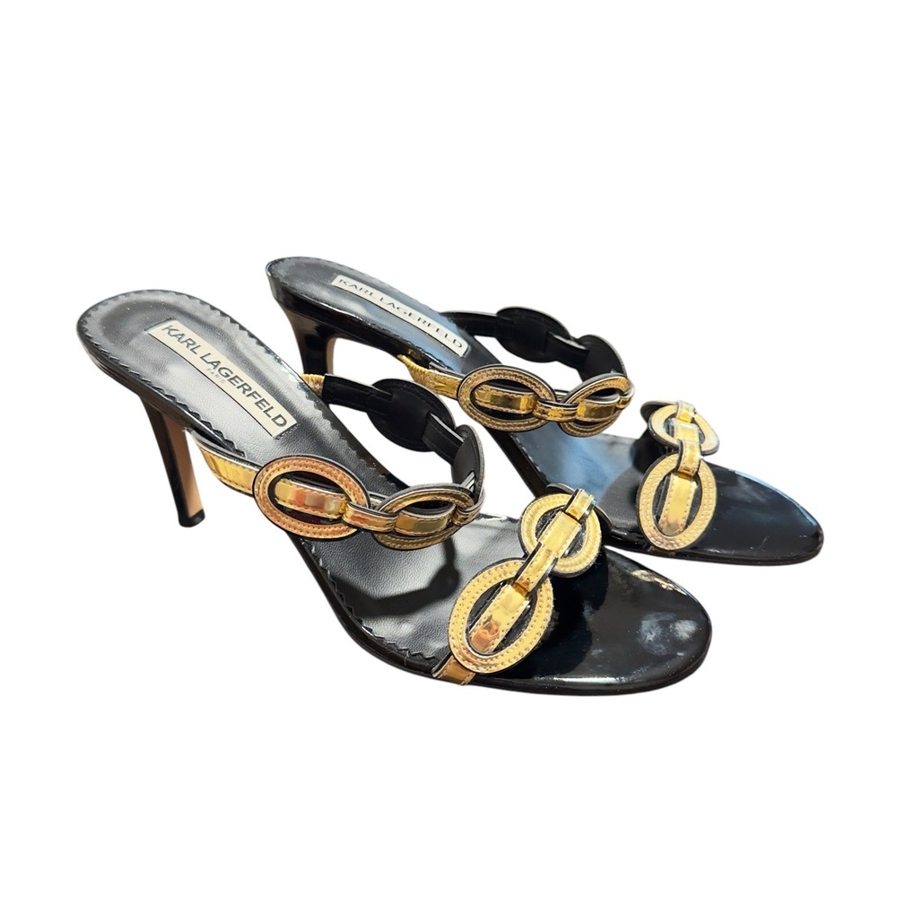 NWT Karl Lagerfeld Paris Black Gold Chain Open Toe Stiletto Heels Size 9.5B - Picture 8 of 8